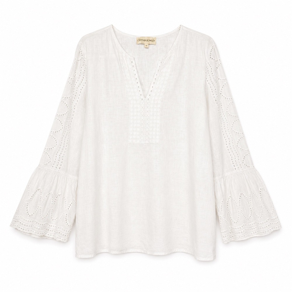 Cynthia Rowley Linen Blouse XL White Eyelet Bell Sleeve Boho